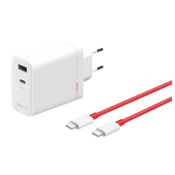 OnePlus 120W Puertos Dobles SuperVooc Adaptador + Cable (Tipo-C + Tipo-A) - Blanco
