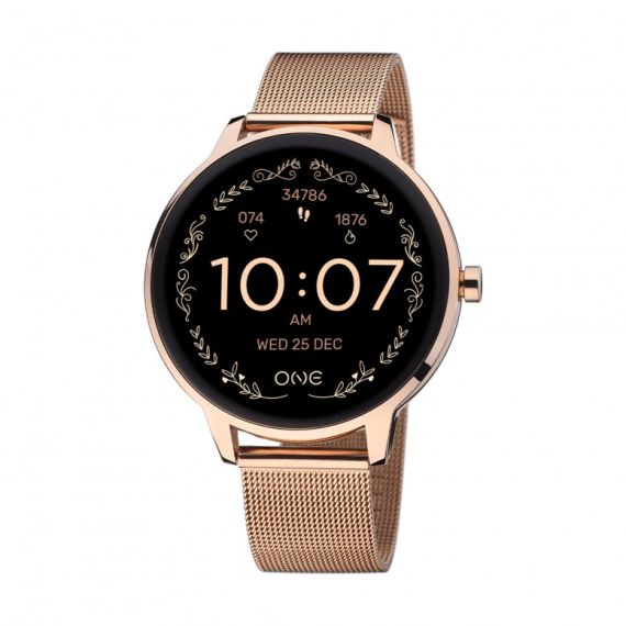 Relógio inteligente ONE Queencall OSW0027RM32D em ouro rosa, pulseira de malha milanesa de 42 mm com chamadas Bluetooth.