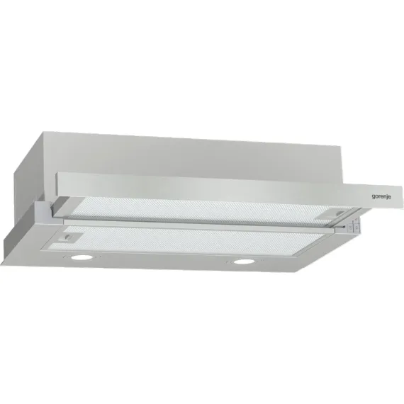 Gorenje Th62e4x telescopic extractor hood, energy efficiency class C, 60 cm wide, 450 m³/h, mechanical control, LED, stainless steel.