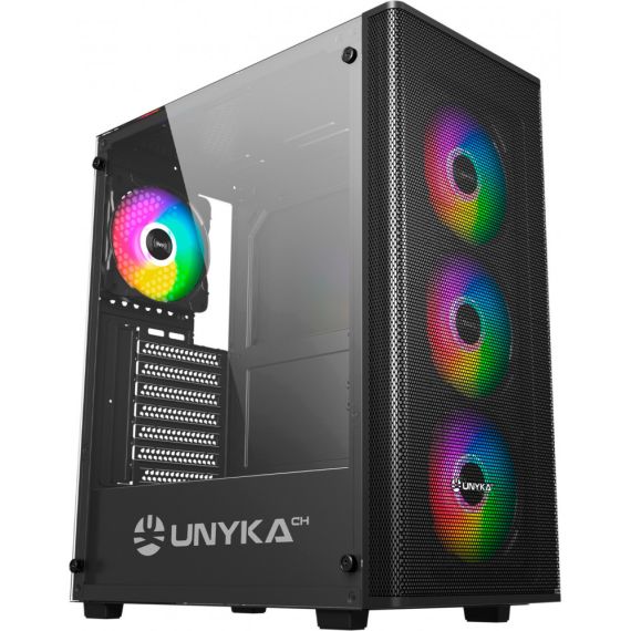 Caja de PC UNYKAch Gaming MIR 100 ATX Mid-Tower (Panel Lateral Transparente, Gestión de Cables Avanzada, Hub USB 3.0) — Negro