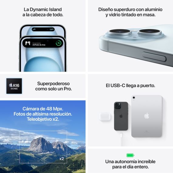 Smartphone Apple iPhone 15 (256 GB, Pantalla Super Retina XDR 6.1", Cámara Doble de 48 MP, Dynamic Island) — Rosa, 3 image