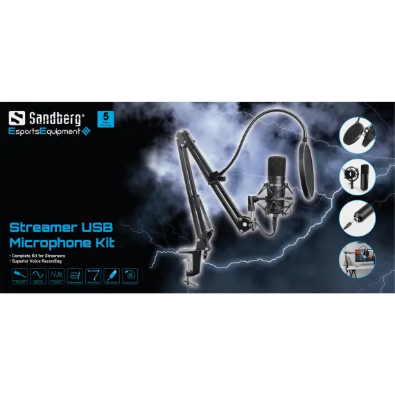 Kit de Micrófono USB Sandberg Streamer con Brazo Ajustable y Filtro Antipop (Grabación de Voz Superior, Estructura Metálica, Plug & Play), 3 image