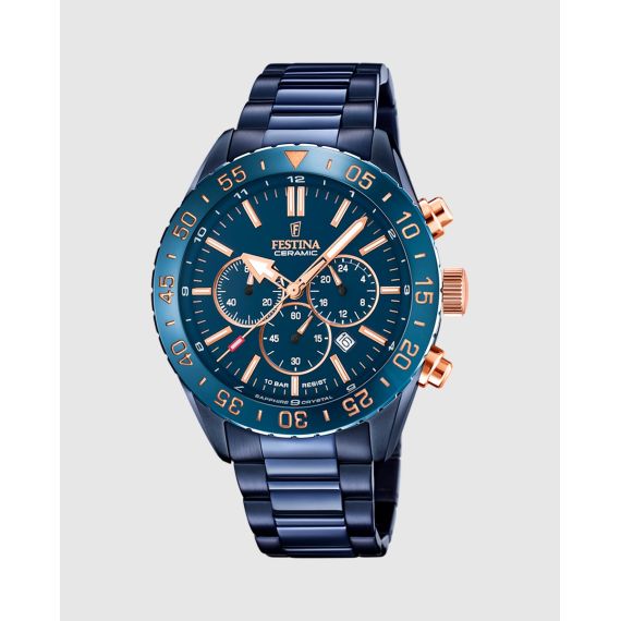Reloj Cronógrafo Festina Ceramic F20576/1 de Hombre (Esfera Azul, Agujas Cobre, Bisel Cerámico, Acero, 10 ATM) — Azul/Acero