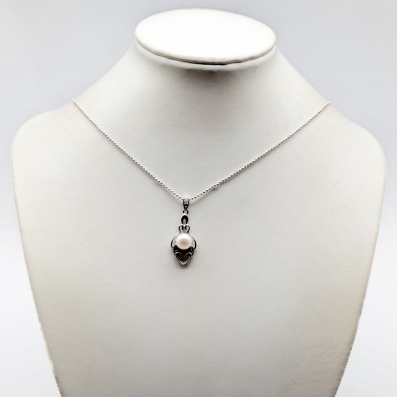 47.5cm Cadena de Bolas de Plata con Colgante con Perla Sintética y Piedras Blancas S925 4.87g