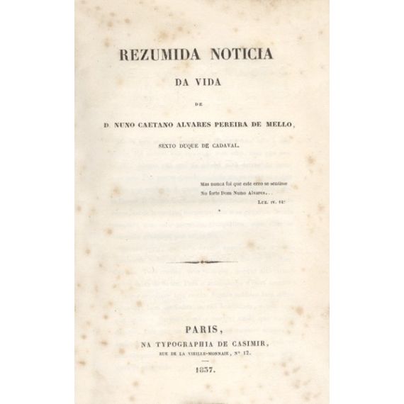 Resumida Noticia de la Vida de D. NUNO CAETANO ALVARES PEREIRA DE MELLO,