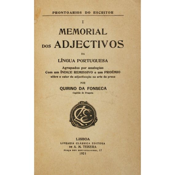 MEMORIAL DE LOS ADJETIVOS DE LA LENGUA PORTUGUESA. [Volumen I].